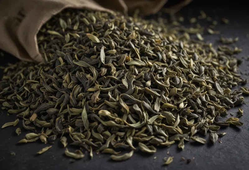 A small heap of loose dry green tea leaves spilling across pale linen.