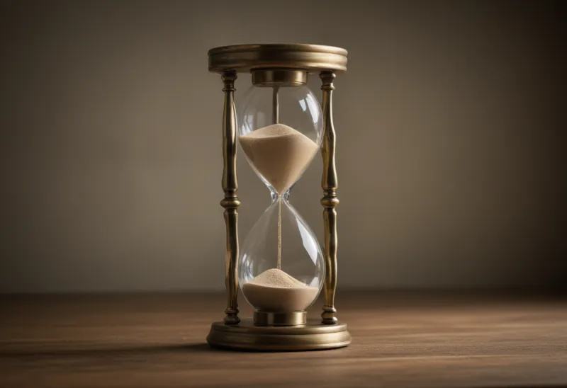 An antique brass hourglass with pale sand standing alone on a wooden desk.
