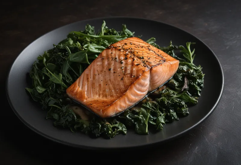 A single plated dinner of grilled salmon and dark leafy greens, gently steaming, lit from the side on a dark surface