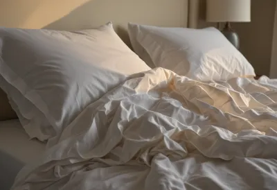 An empty, rumpled bed at dawn with a bedside lamp still switched on and curtains half drawn.
