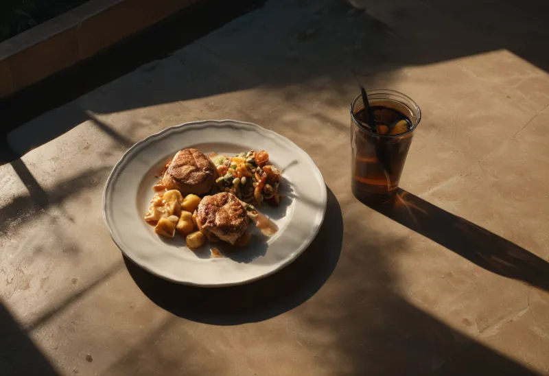 A single plate of food on a dark table, half in shadow and half lit by a warm pool of window light, seen from above