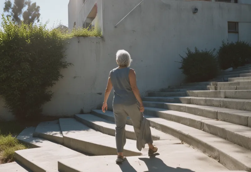 A grey-haired woman seen from behind, striding with purpose through a sunlit concrete stairway, a jacket in one hand, casting a long shadow