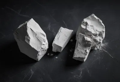 A block of gym chalk snapped in two on bare dark stone, a thin wisp of chalk dust rising from the break