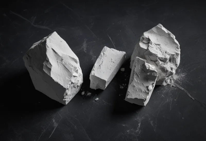 A block of gym chalk snapped in two on bare dark stone, a thin wisp of chalk dust rising from the break