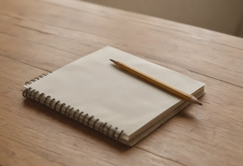 A closed linen-covered notebook with a pencil resting on top, on a wooden kitchen table.