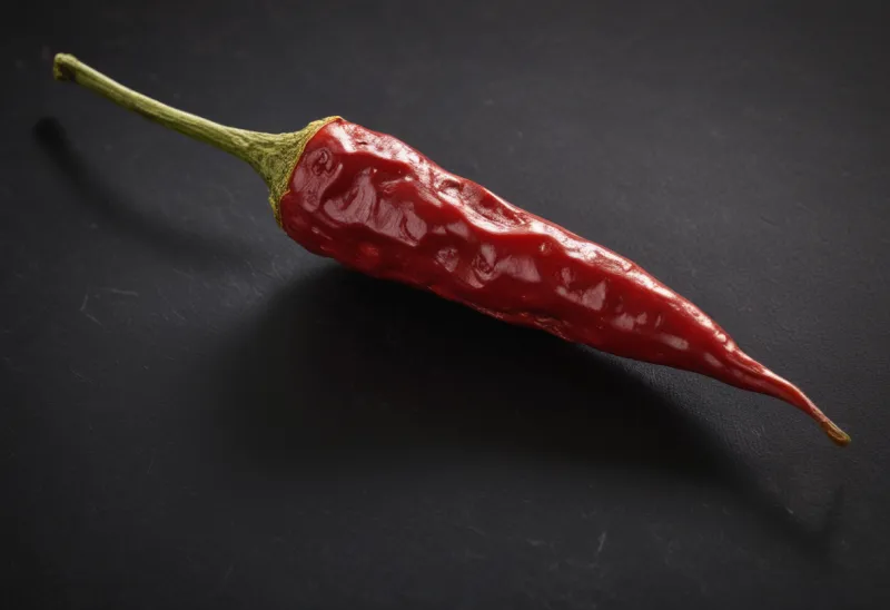 A single whole dried red chili pepper photographed close up and centered.