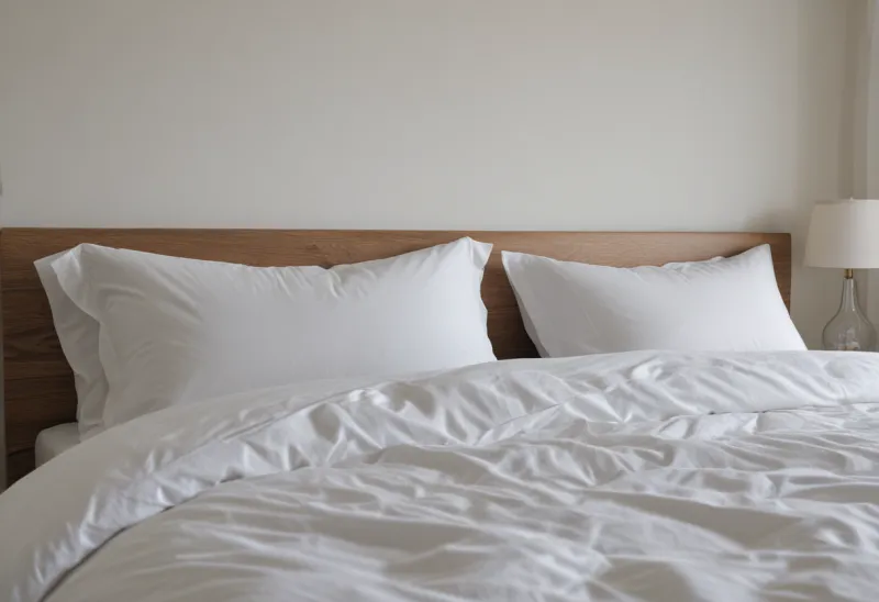 A neatly made bed with plump pillows and a smooth duvet in a plain bedroom.
