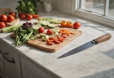A chopping board of roughly sliced vegetables with a knife laid flat beside it on a plain kitchen counter in cool daylight