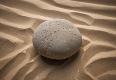 A single smooth river stone resting on damp sand, seen close up.