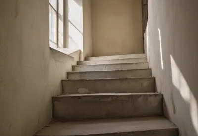 A worn concrete stairwell photographed from below, treads lit by harsh midday light.