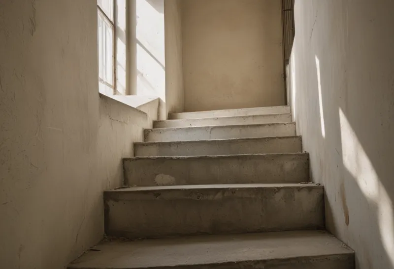 A worn concrete stairwell photographed from below, treads lit by harsh midday light.