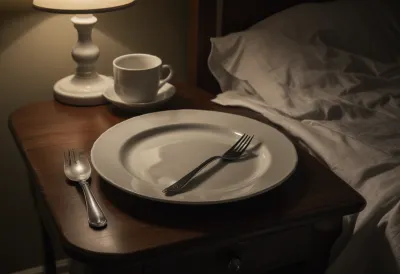 A used dinner plate with a fork resting on it, left on a bedside table beside a bed at night