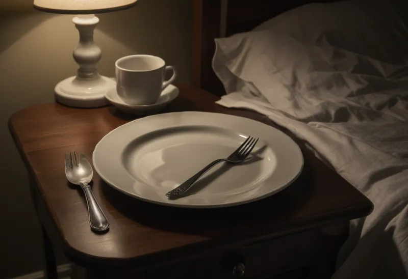 A used dinner plate with a fork resting on it, left on a bedside table beside a bed at night