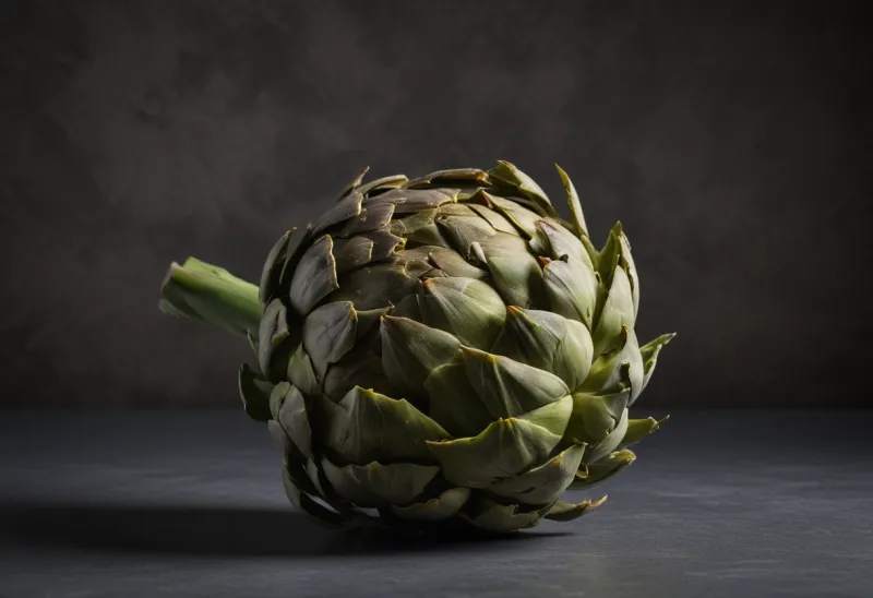 A single green artichoke standing upright against a plain background