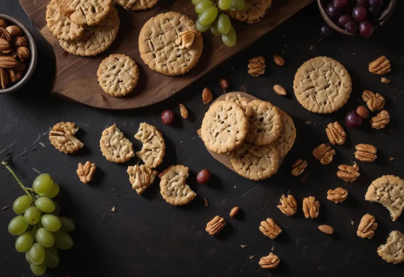 An overhead view of small snacks — nuts, crackers, grapes, and a cookie — scattered across a dark table