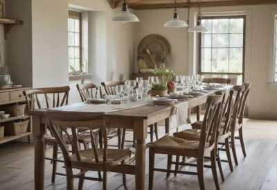 A long wooden farmhouse table with empty chairs and shared serving dishes