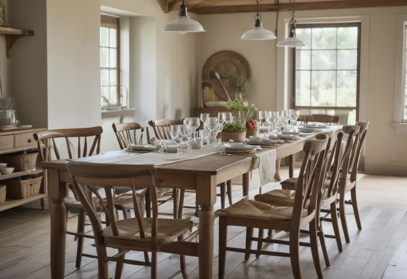 A long wooden farmhouse table with empty chairs and shared serving dishes