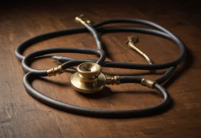 A vintage brass stethoscope coiled on a wooden table