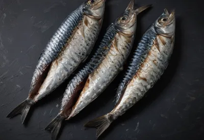 A whole grilled mackerel photographed close up, its iridescent blue-green striped skin blistered and split from the heat.