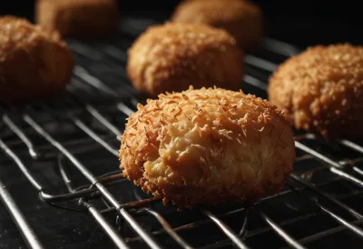 A single golden-brown fried croquette resting on a wire cooling rack, its crust still glistening with oil.