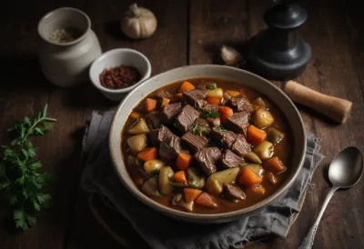 A rustic ceramic bowl of thick beef and vegetable stew on a wooden table.