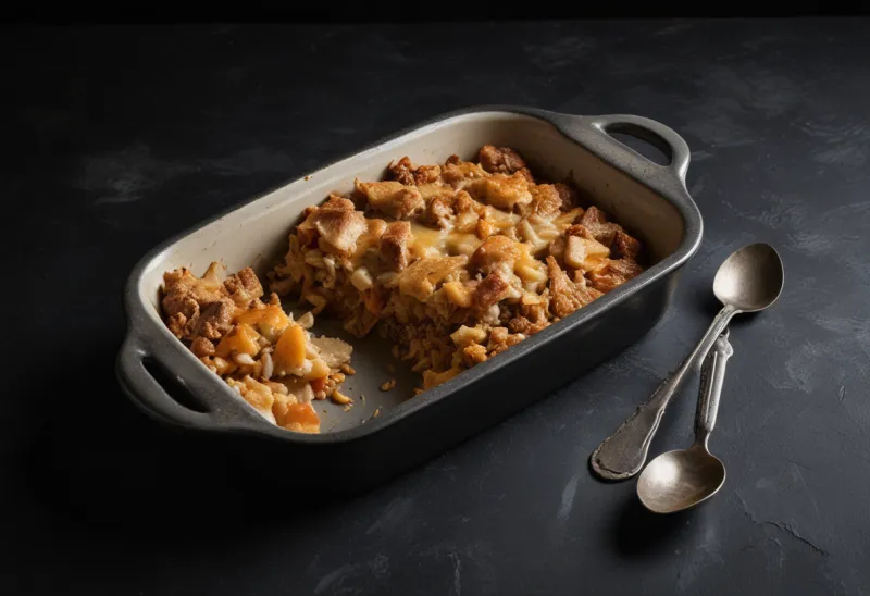 A baking dish of casserole with one ragged, uneven portion scooped out, two serving spoons on the bare dark table beside it
