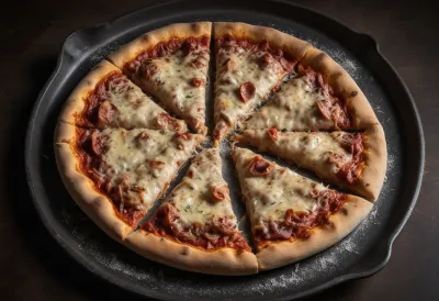 A whole baked pizza with one wedge separated and tipped on its side so the thickness of the crust is visible.