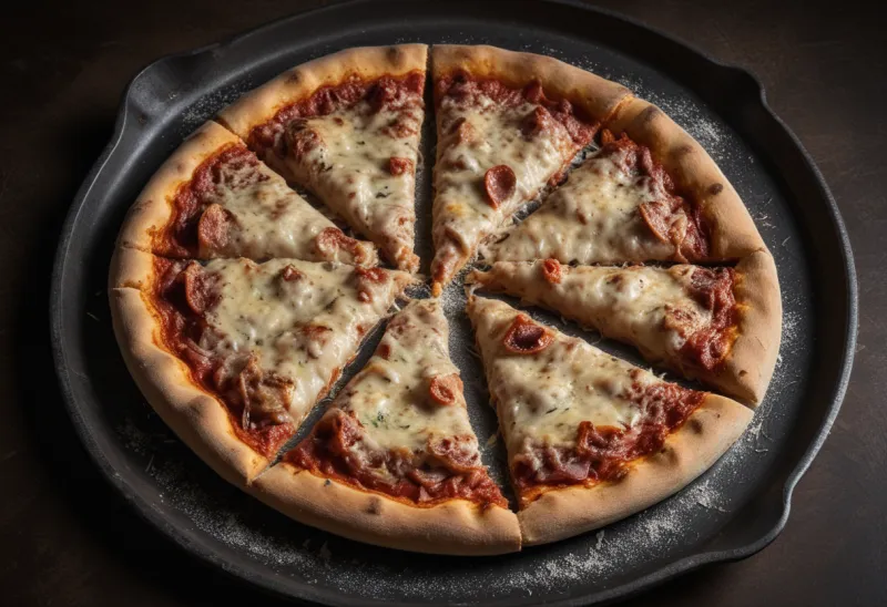 A whole baked pizza with one wedge separated and tipped on its side so the thickness of the crust is visible.