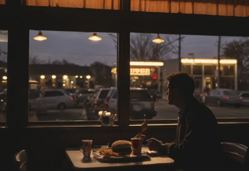 Silhouette of a person seated at a restaurant window at dusk facing a large plate of burger and fries, lit from behind