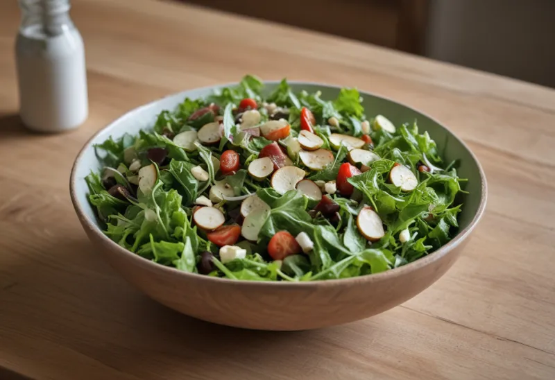 A wide ceramic bowl of fresh green leaf salad on a wooden table.