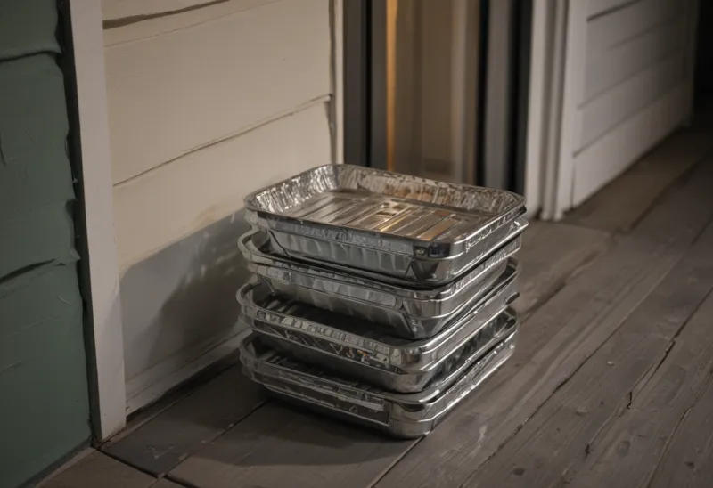 A stack of closed aluminium takeaway trays sitting on a doorstep at night, lit by a warm porch light.