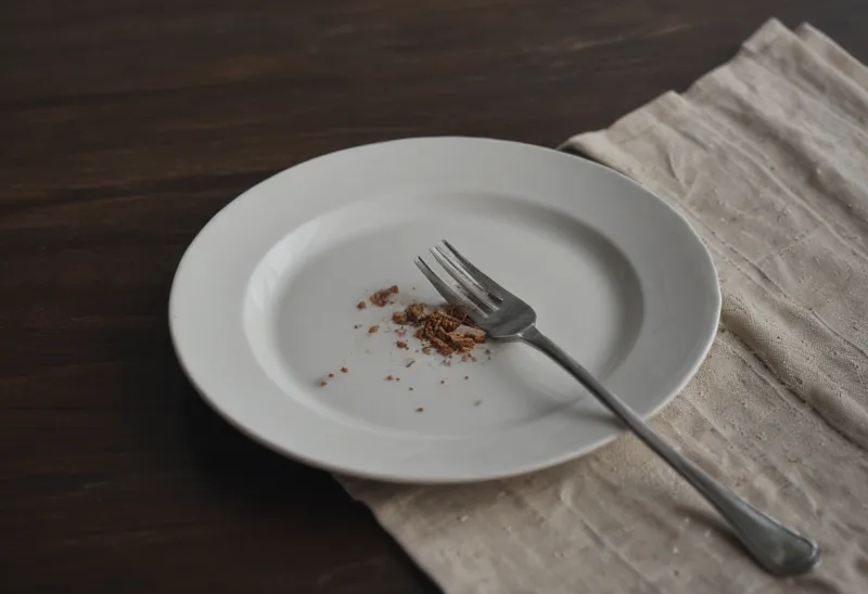 A single fork resting on an empty plate scraped clean with a few crumbs remaining, on a dark table in low light