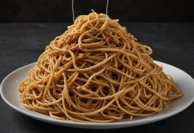 A tall coiled mound of cooked spaghetti heaped high on a wide plate, the pile taller than it is wide.