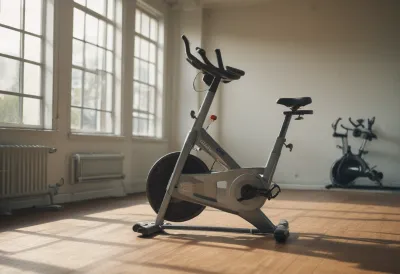A stationary exercise bike standing alone in an empty gym.
