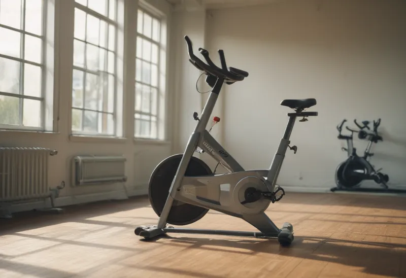 A stationary exercise bike standing alone in an empty gym.