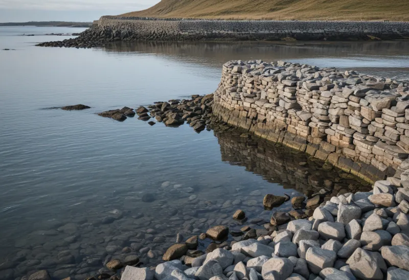 A weathered stone harbour wall photographed at low tide, a dark horizontal band of wet stone marking where the water stood, calm grey water below.