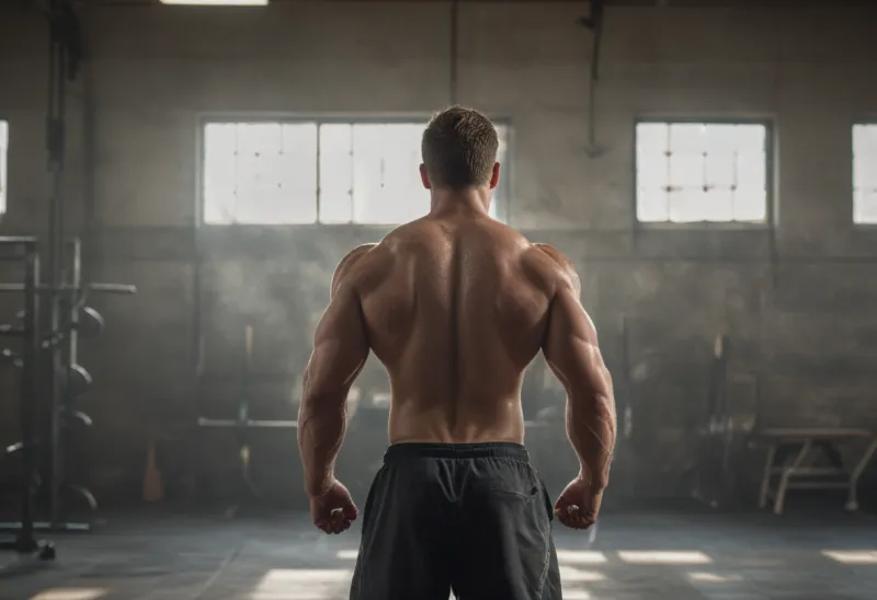 A single lifter seen from behind at a distance, bare back and shoulders visible, resting between sets amid chalk dust hanging in the air of a plain gym
