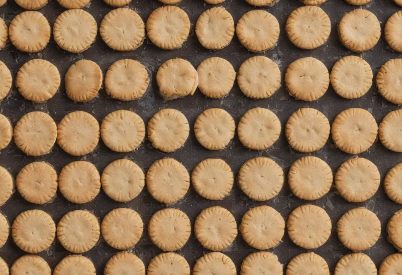Many identical plain round shortbread cookies arranged in neat even rows on a dark surface, seen from above