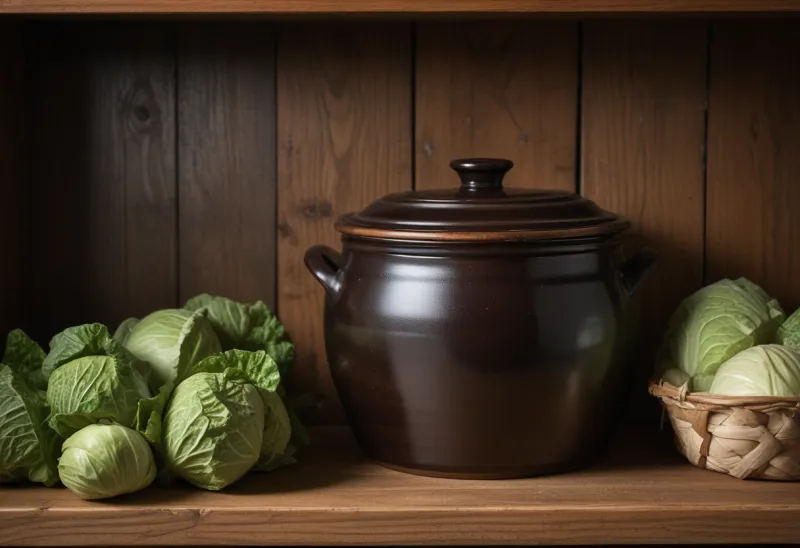 A glazed stoneware fermentation crock with its lid on, beside a head of cabbage on a wooden kitchen shelf.
