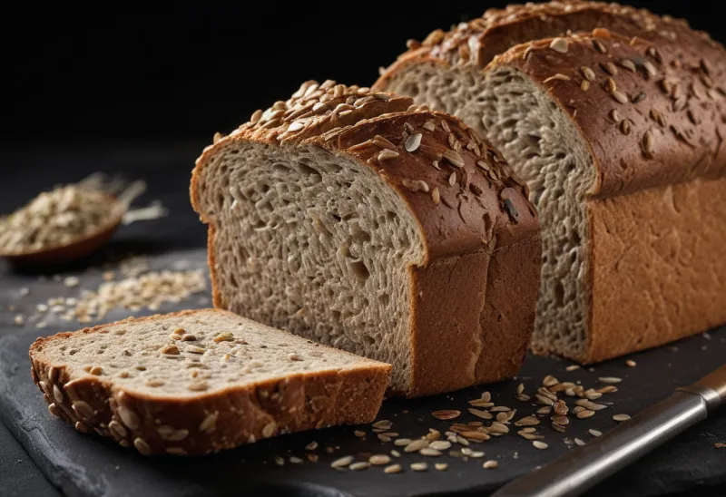 A cut loaf of dense wholegrain seeded bread showing an open crumb, with two slices fanned beside it.