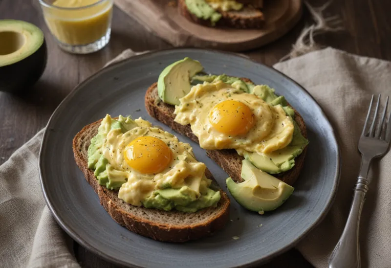 A breakfast plate of scrambled eggs, sliced avocado and rye toast on a linen tablecloth.