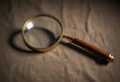 A brass hand magnifier with a wooden handle lying on a linen tablecloth.