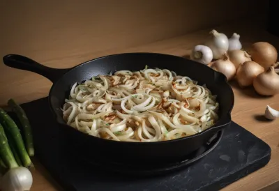 Sliced onions and garlic sizzling in a black cast-iron skillet, steam rising in warm kitchen light