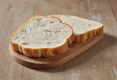 A single torn slice of white bread lying on a bare wooden board in soft daylight