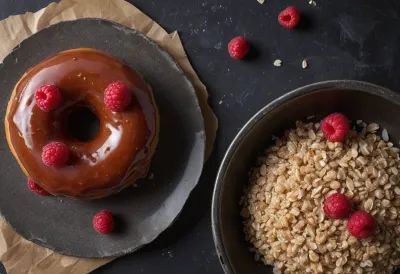 A glazed doughnut next to a small rough scoop of steel-cut oats and a few raspberries.
