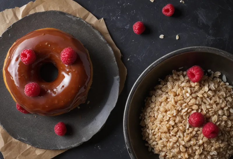 A glazed doughnut next to a small rough scoop of steel-cut oats and a few raspberries.