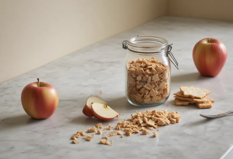 A kitchen counter strewn with the remains of unplanned eating: an open sleeve of crackers, a browning half apple and a spoon left standing in an open jar, lit by flat late-afternoon light.