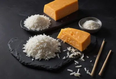 A sharp-edged wedge of orange cheddar next to a shapeless loose mound of white rice on a bare dark stone tabletop