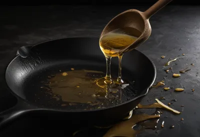A thin stream of golden olive oil pouring onto a dark cast-iron skillet, catching warm light as a bright pool spreads across it