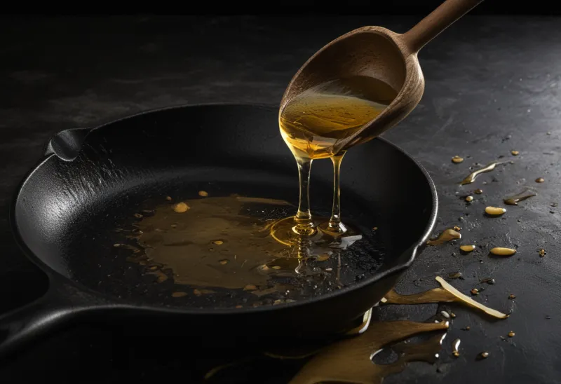 A thin stream of golden olive oil pouring onto a dark cast-iron skillet, catching warm light as a bright pool spreads across it